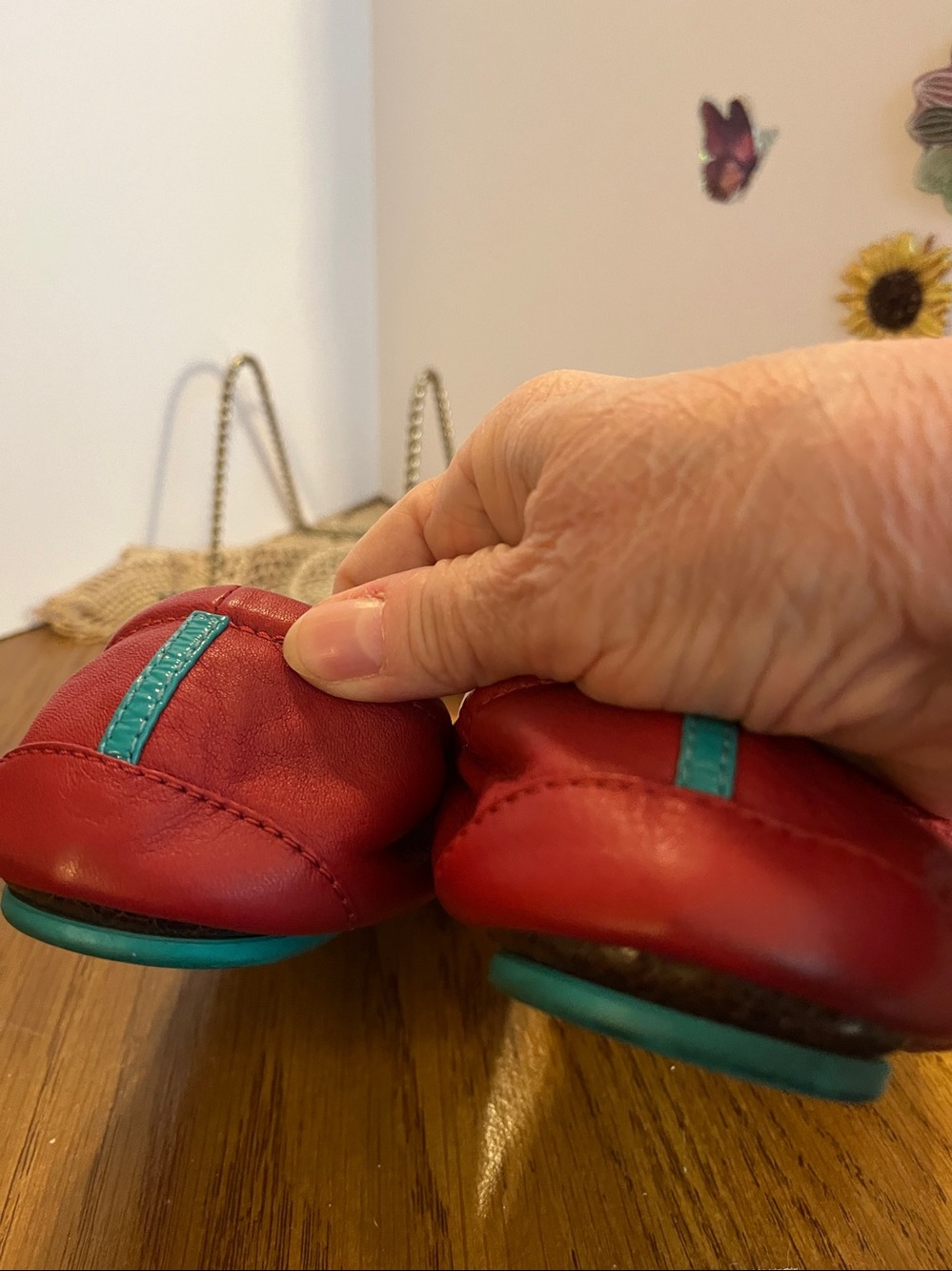 Tieks Red Leather Ballet Flats with Teal Accent Size 10 - Picture 6 of 8
